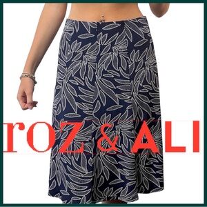 Roz & Ali Navy/White Leaf Pattern Knee Length Pull On Stretch Skirt (S)